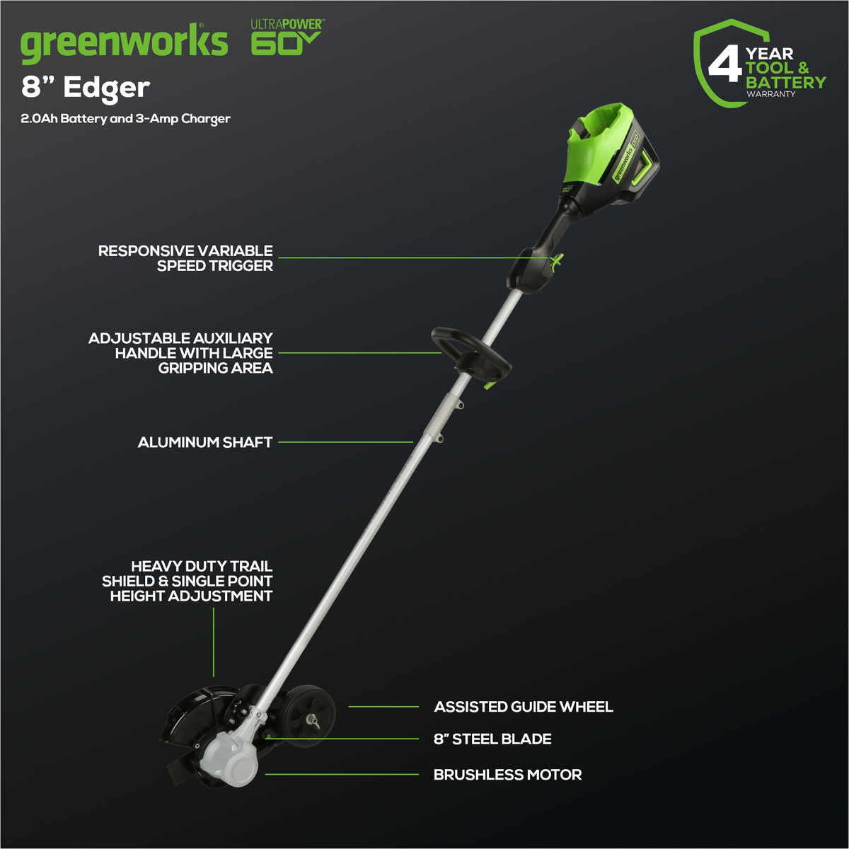 60V 8" Brushless Cordless Battery Edger: 2.0 Ah Battery and 3A Charger