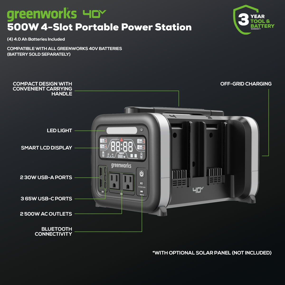 40V 500W 4-Slot Inverter Portable Power Station, (4) 4.0 Ah Batteries and Built-In Charger