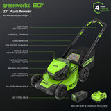 80V 21" GEN 2 Cordless Battery 4-in-1 Push Lawn Mower (Auto Switch): 4.0 Ah Battery and Charger, LM2118