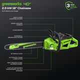 40V 18" Cordless Battery 2.0 kW Chainsaw, 8.0 Ah Battery and Charger