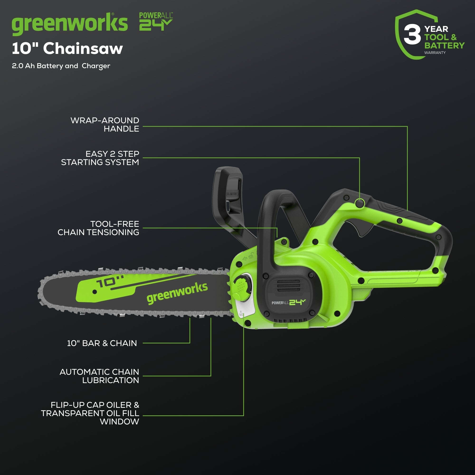 24V 10" Cordless Battery Chainsaw: 2.0 Ah USB Battery and Charger