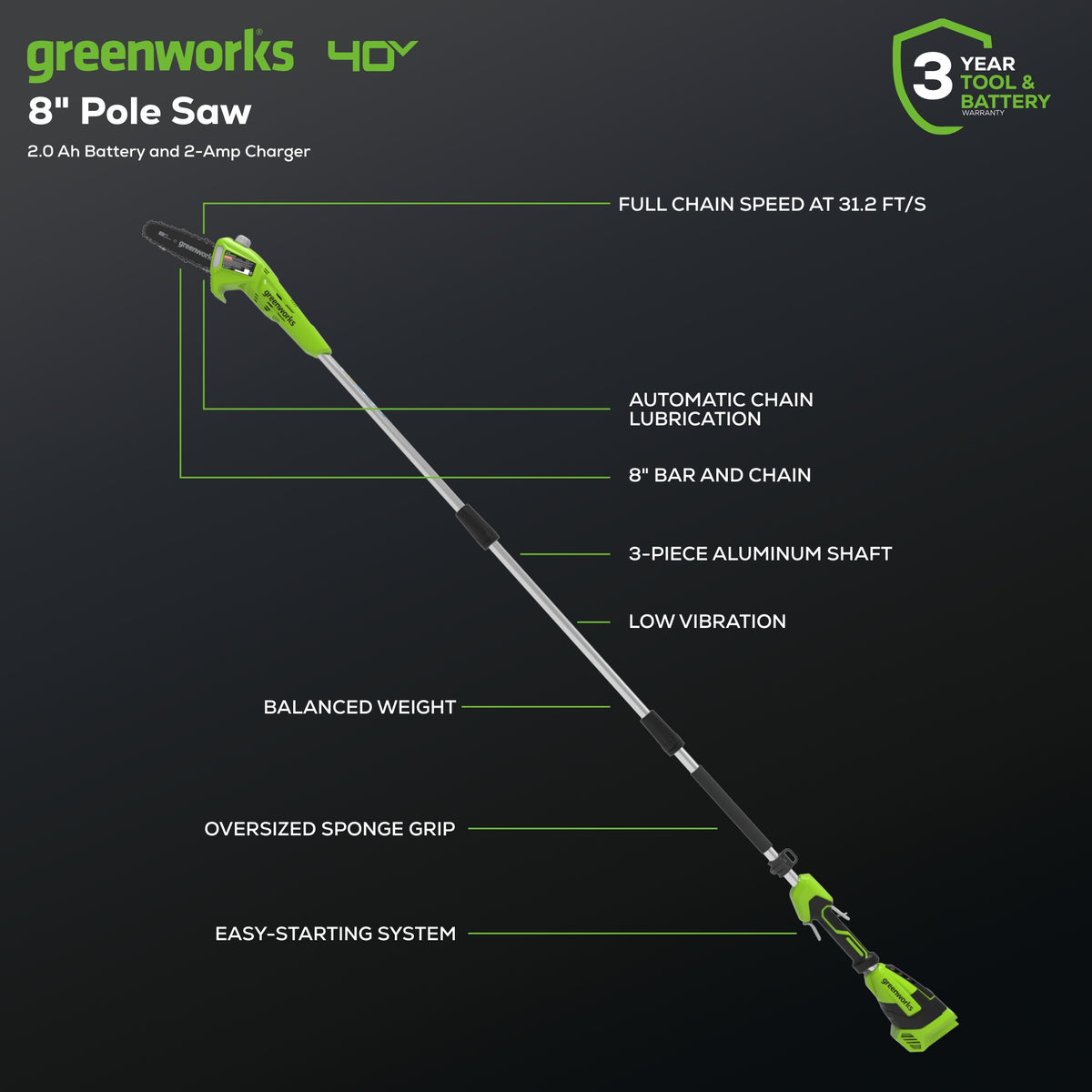 40V 8" Cordless Battery Pole Saw: 2.0 Ah Battery and Charger