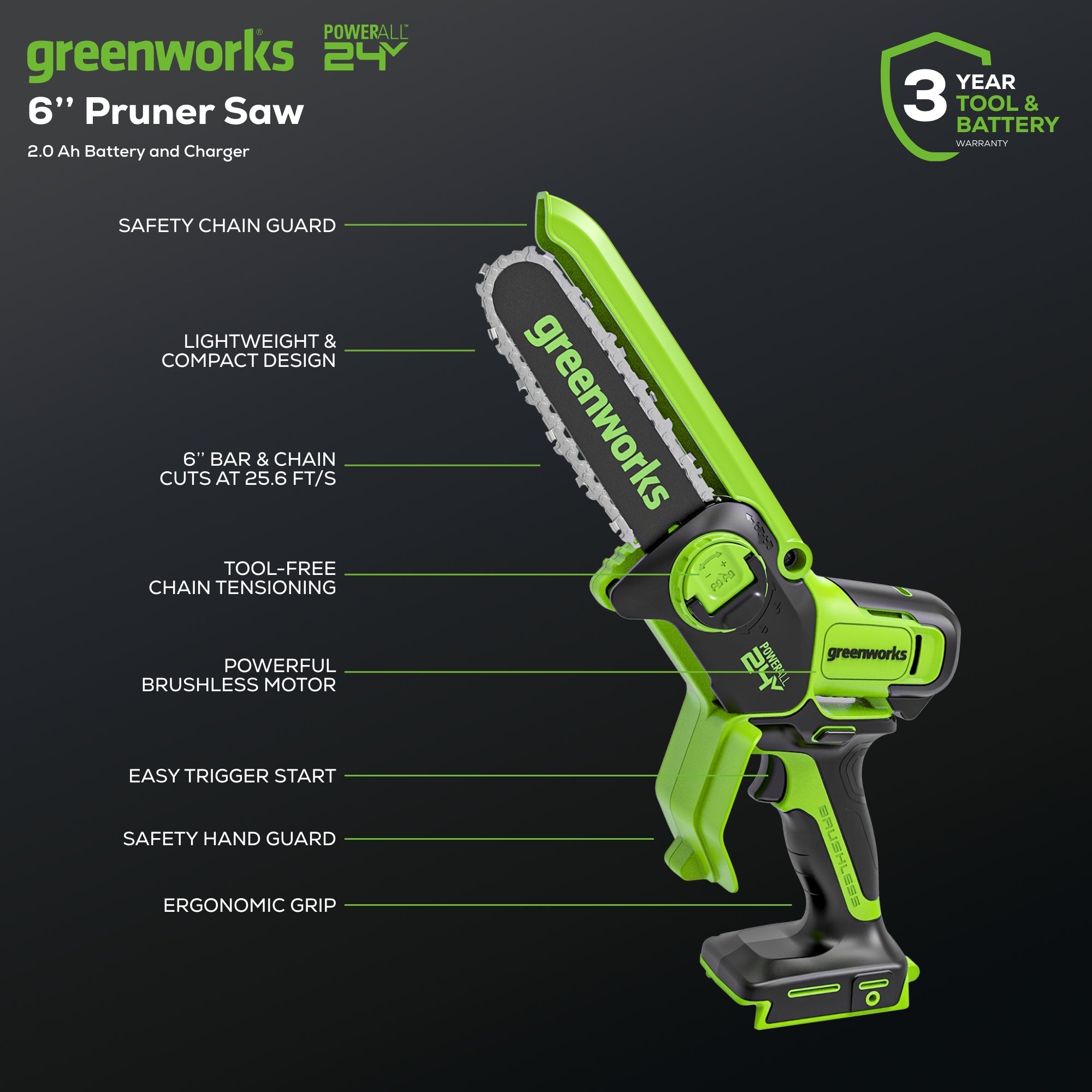 24V 6" Cordless Battery Brushless Pruner Saw: 2.0 Ah Battery and Charger