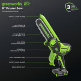 24V 6" Cordless Battery Brushless Pruner Saw: 2.0 Ah Battery and Charger