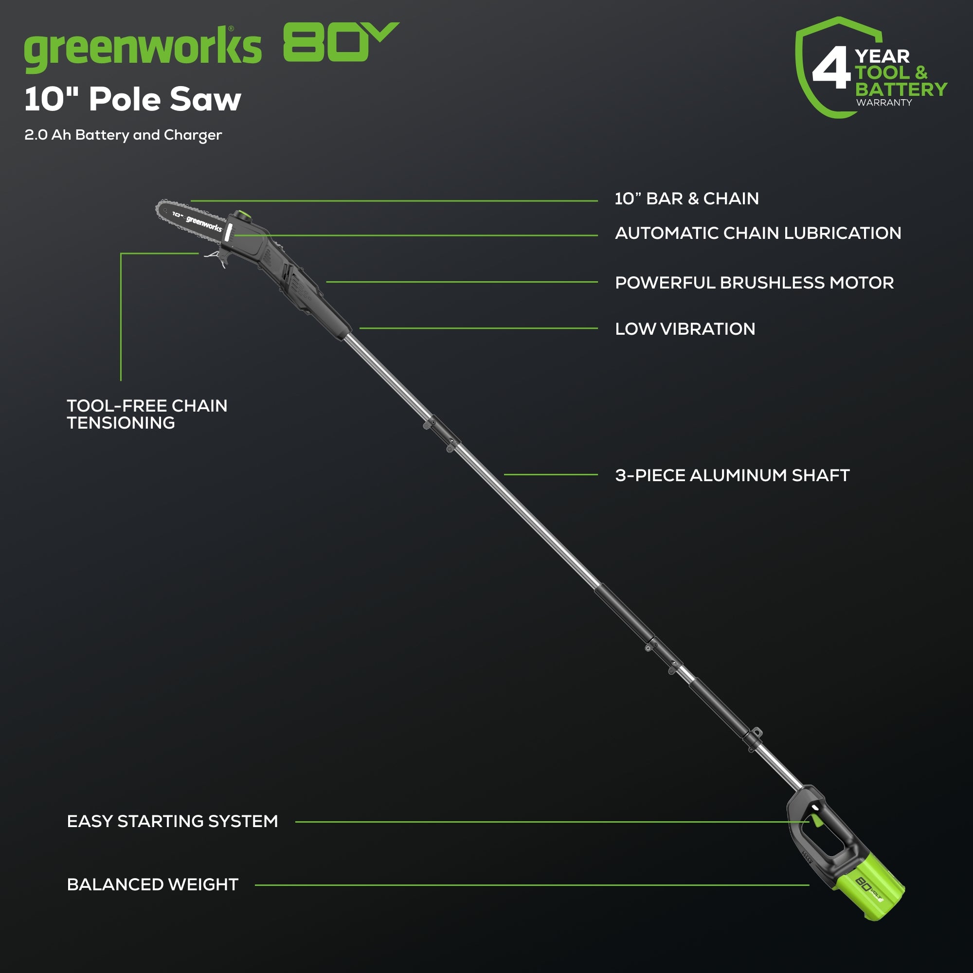 80V Cordless 10" Brushless Pole Saw: 2.0 Ah Battery and Rapid Charger