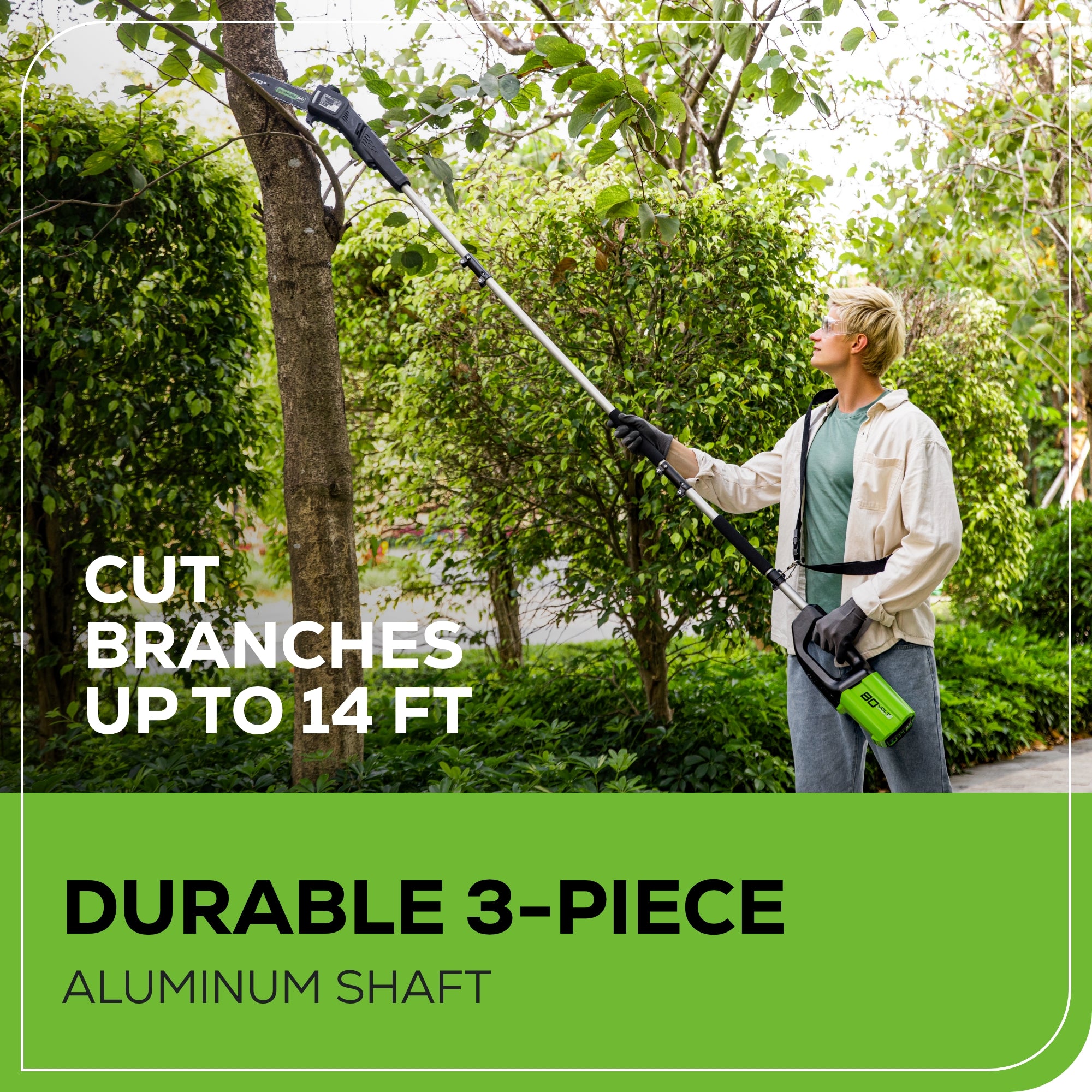 80V Cordless 10" Brushless Pole Saw: 2.0 Ah Battery and Rapid Charger