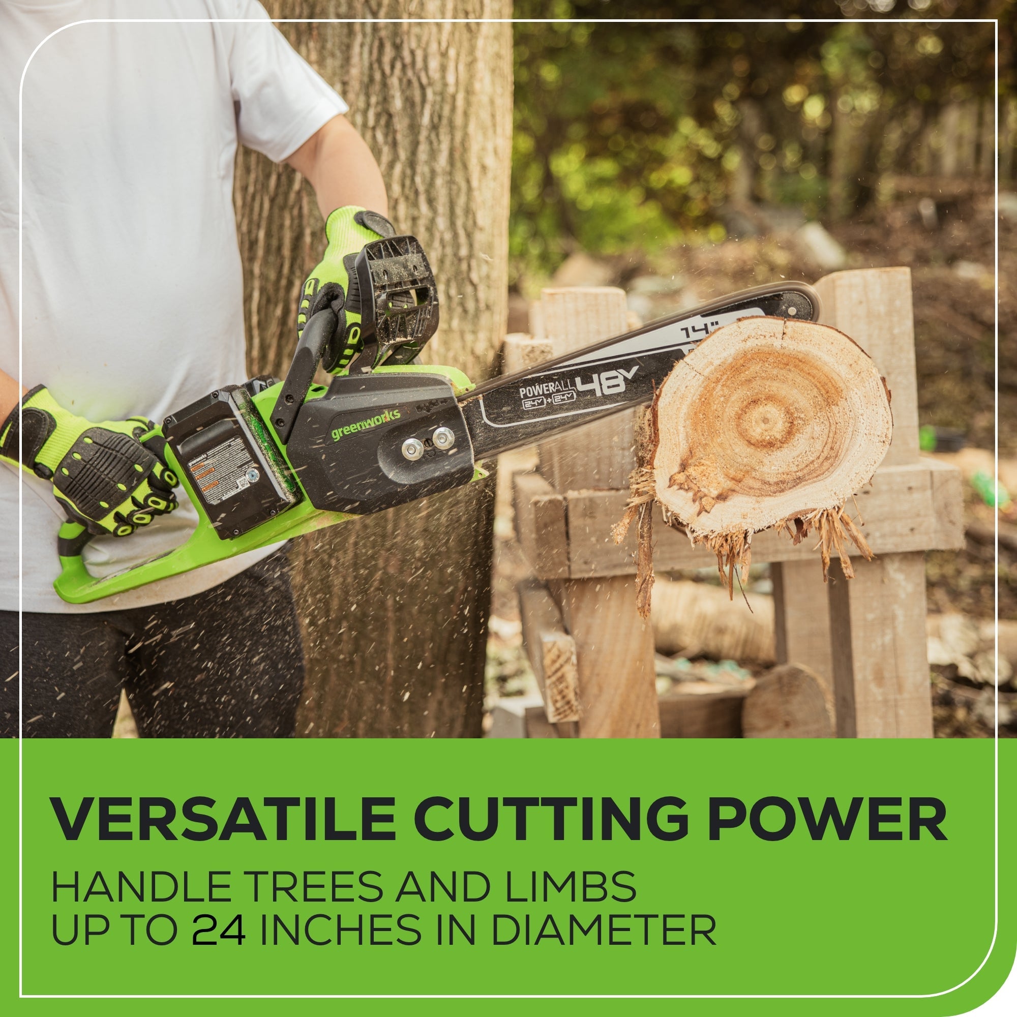 48V (24V x 2) 14" Cordless Battery Chainsaw: (2) 4.0 Ah USB Batteries and Dual-Port Charger