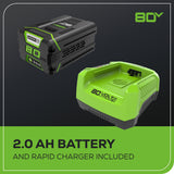 80V Cordless 10" Brushless Pole Saw: 2.0 Ah Battery and Rapid Charger