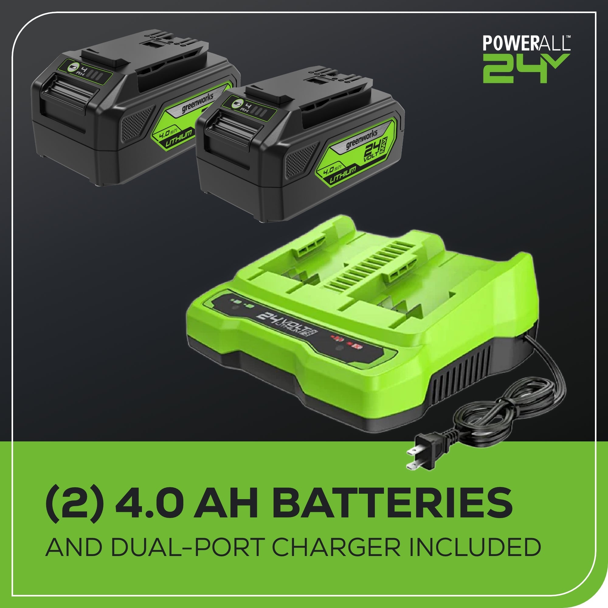 48V (24V x 2) 14" Cordless Battery Chainsaw: (2) 4.0 Ah USB Batteries and Dual-Port Charger
