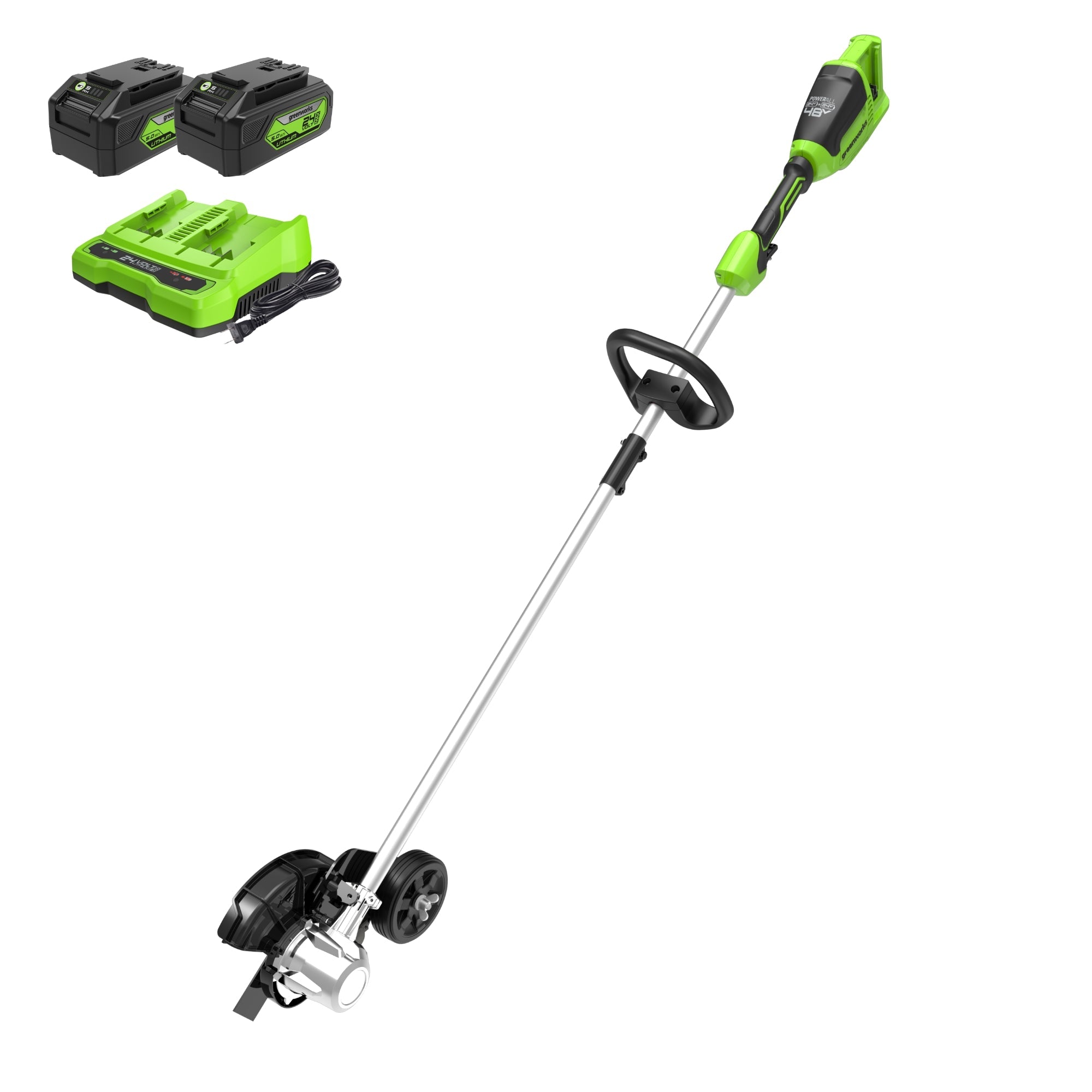 48V (24V x 2) 8" Brushless Cordless Edger: (2) 4.0 Ah USB Batteries and (1) 4A Dual-Port Charger