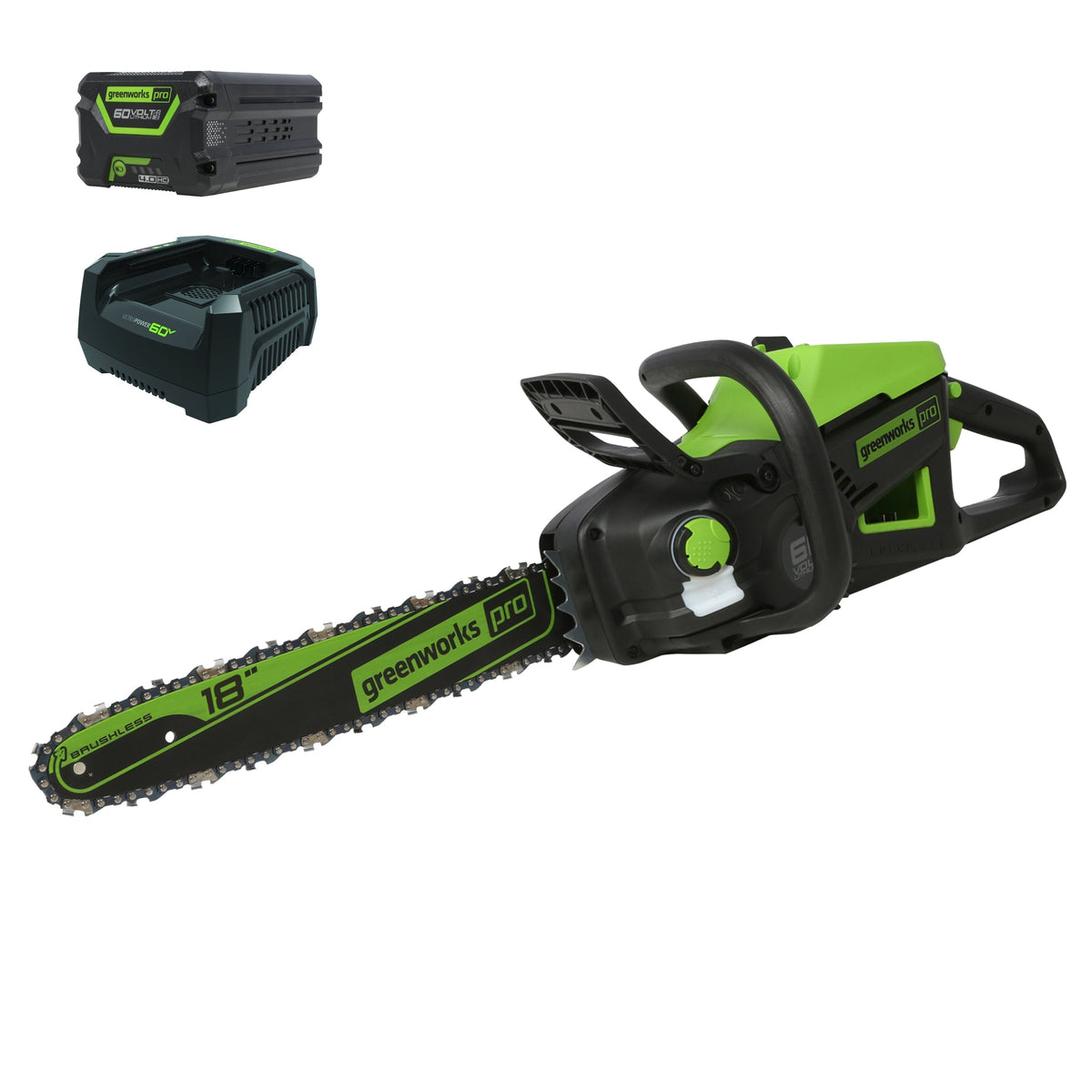 60V 18" Cordless Battery 2.0 kW Chainsaw and 24V 6" Pruner Saw, (1) 4.0 Ah Battery: (1) 2.0 Ah Battery and (2) Chargers
