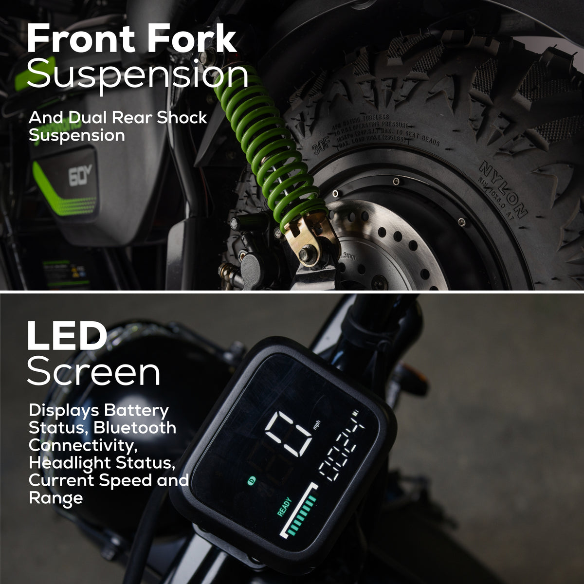 60V STEALTH Series Electric Mini-Bike: (2) 8.0 Ah Batteries and Dual-Port Rapid Charger