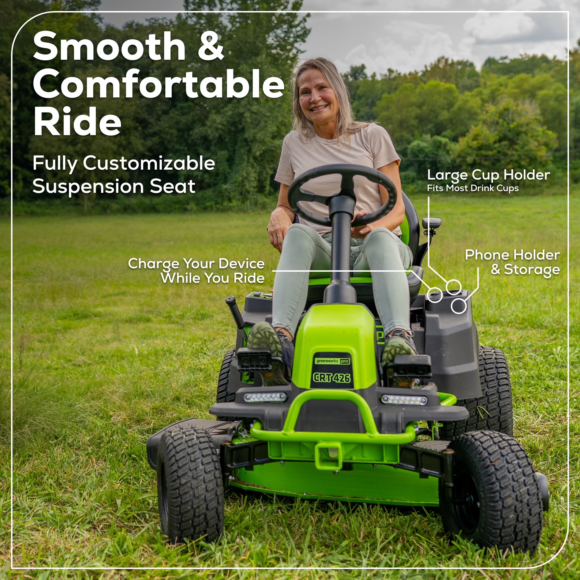 RENEWED 60V 42" Cordless Battery CrossoverT Riding Lawn Mower, (4) 8.0 Ah Batteries and (2) Dual-Port Turbo Chargers, CRT4262