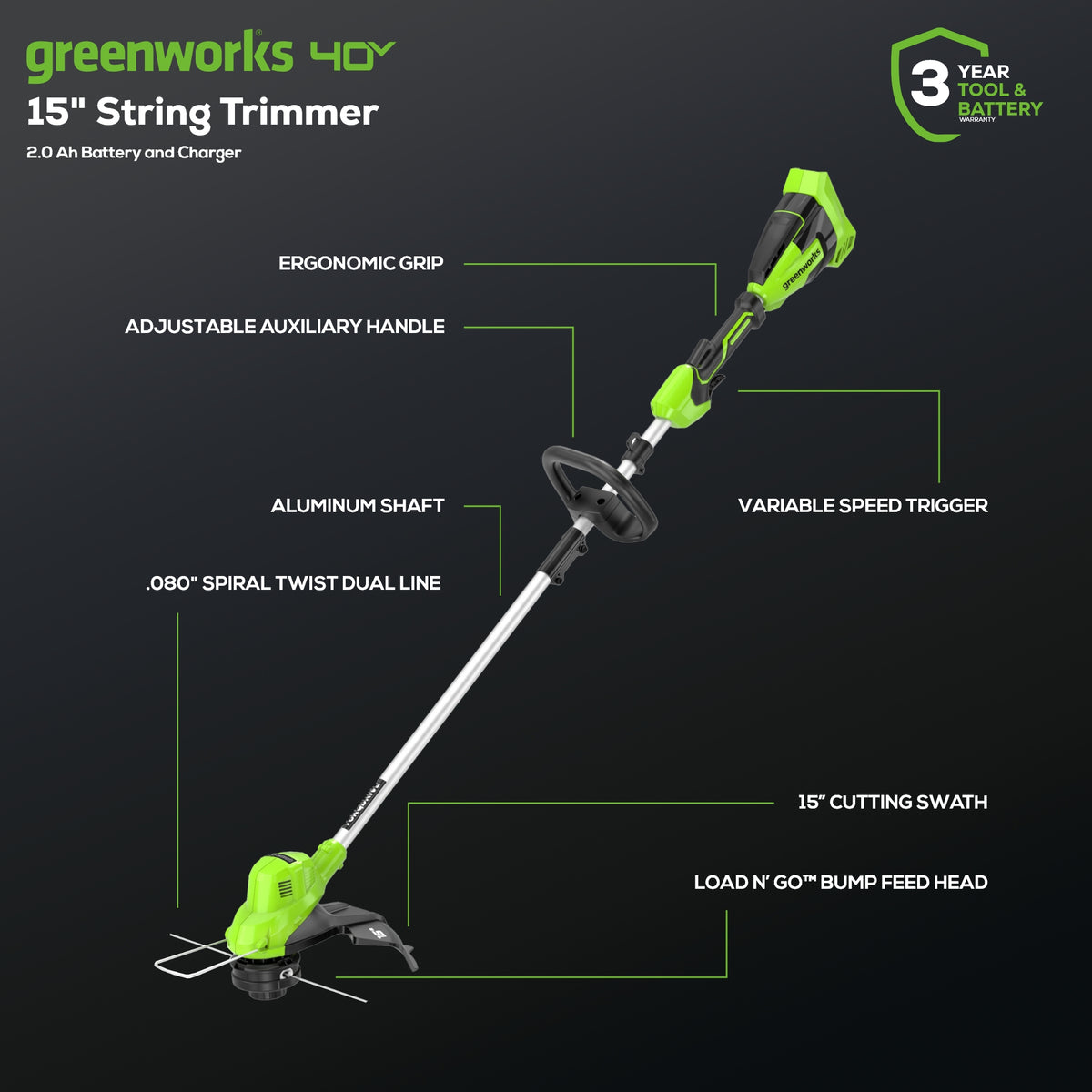 40V 15" Gen 2 Cordless String Trimmer: (1) 2.0 Ah Battery, (1) 2A Charger