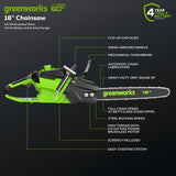 60V 18"Cordless Battery 2.0 kW Chainsaw and Hard Case, 4Ah Battery and Charger