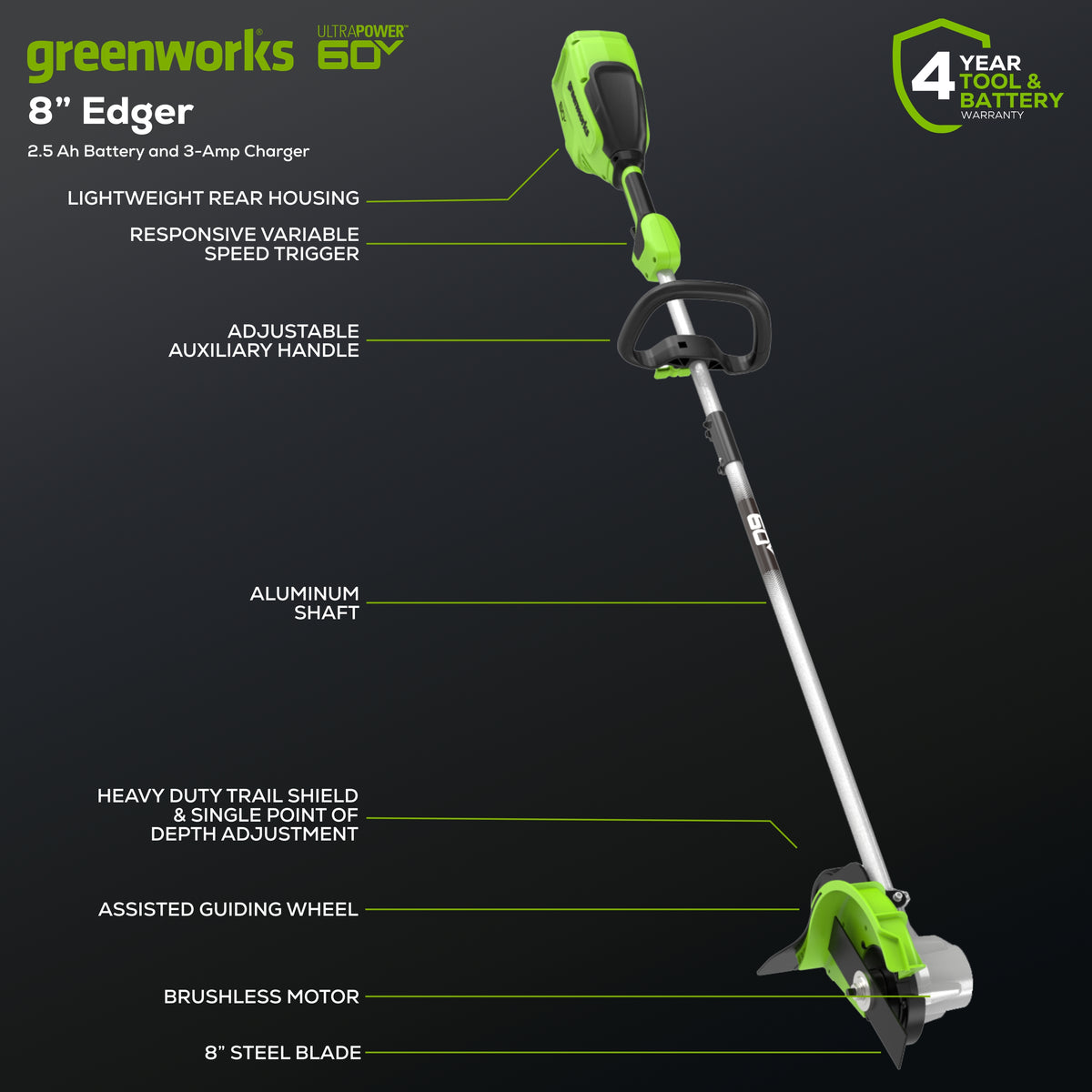 60V 8" Brushless Cordless Battery Edger: (1) 2.5 Ah Battery, (1) 3A Charger