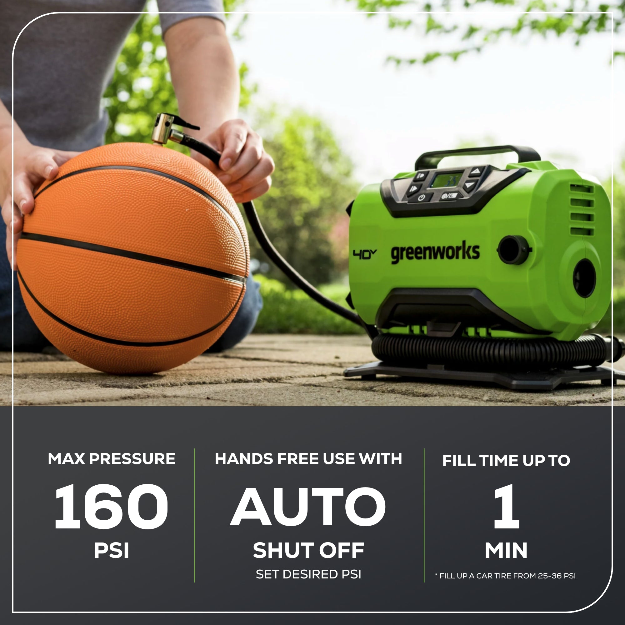 40V Cordless Battery Inflator: 2.0 Ah Battery and Charger