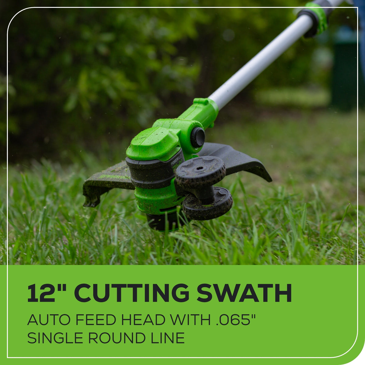 24V 12" Cordless Battery String Trimmer / Edger: (1) 2.0 Ah USB Battery, (1) 2A Charger