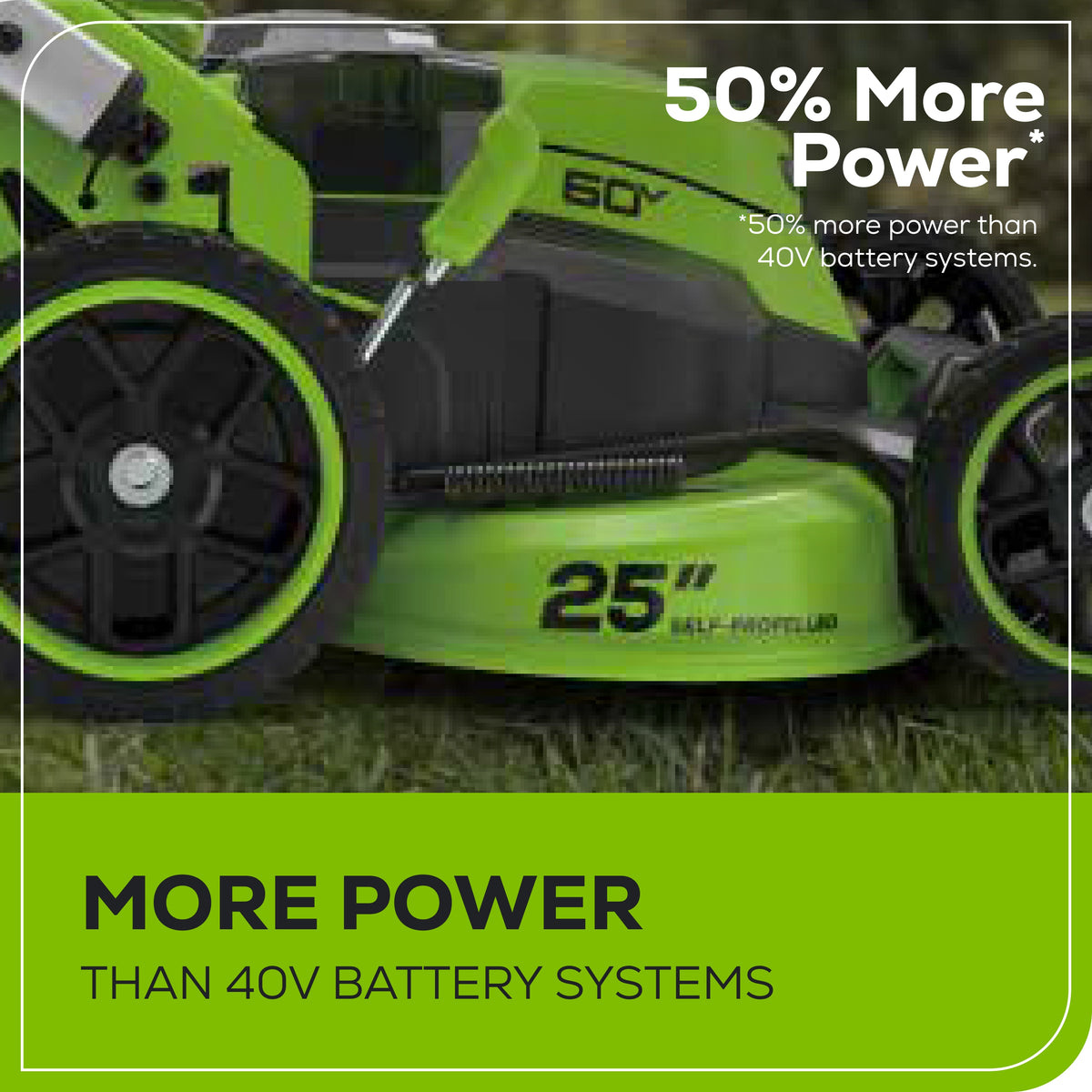 60V 25" Dual Blade Self-Propelled Mower 5-pc Combo Kit, (3) 4.0 Ah Batteries, (1) Single Port Chargers and (1) Dual-Port Charger