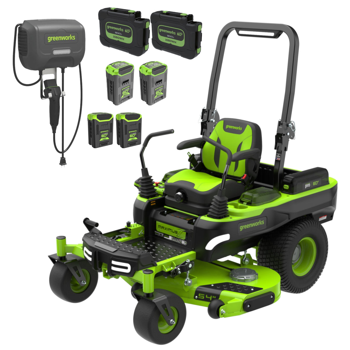 60V 54" MaximusZ Zero Turn Riding Mower: (2) 20.0 Ah (2) 8.0 Ah and (2) 4.0 Ah Batteries and 1.5kW Charger, MZ5461