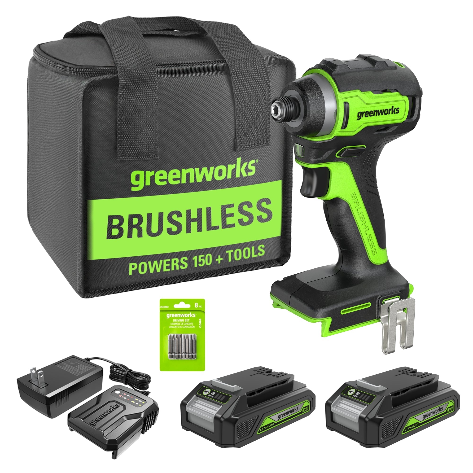 24V 1/4" 1950 in/lbs Brushless Impact Driver Kit (8-piece Bit Set and Tool Bag Included): (2) 2Ah Batteries and Charger