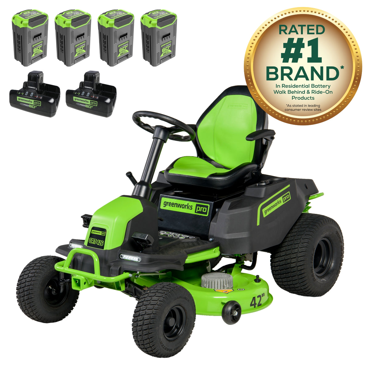 RENEWED 60V 42" Cordless Battery CrossoverT Riding Lawn Mower, (4) 8.0 Ah Batteries and (2) Dual-Port Turbo Chargers, CRT4262