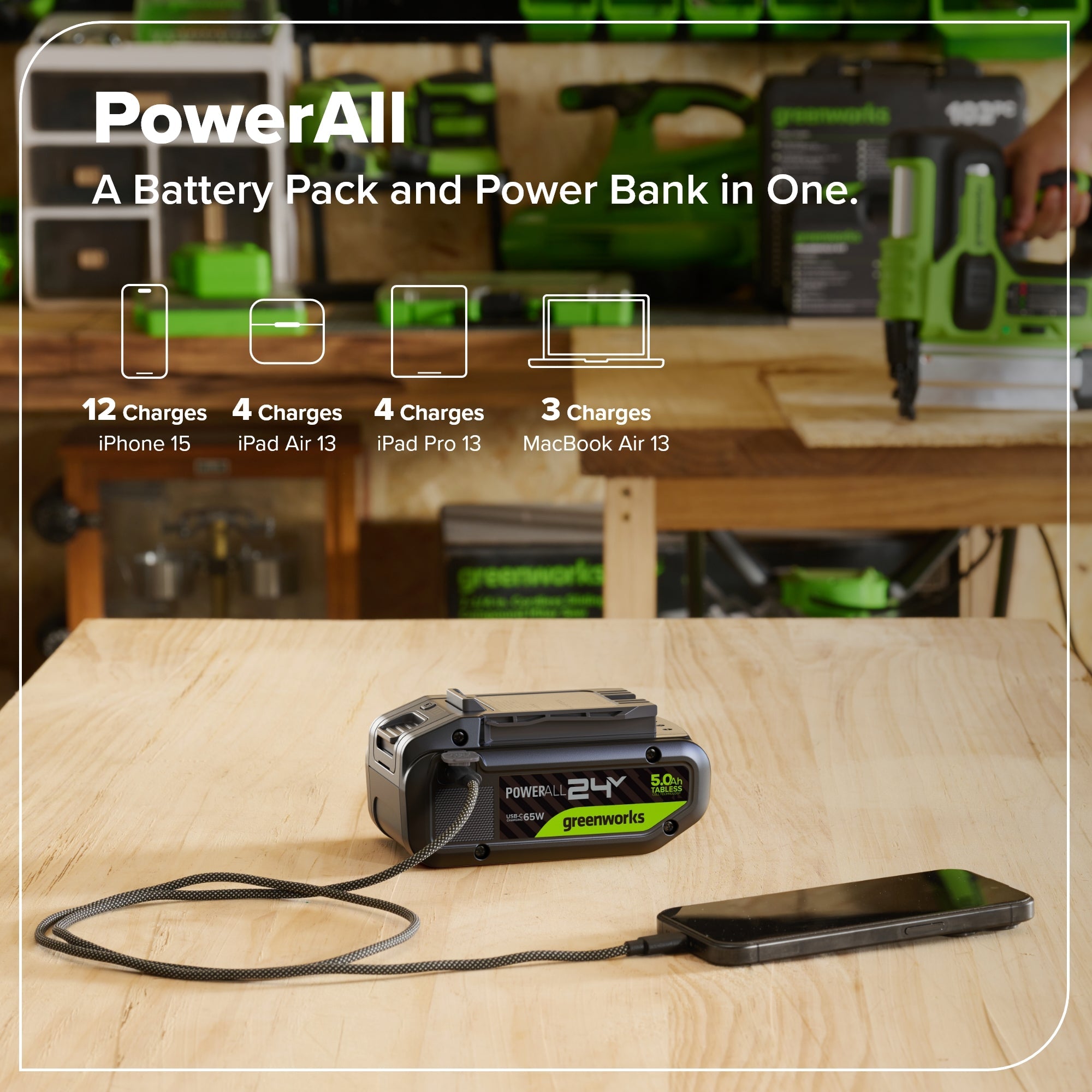 24V 5.0 Ah Tabless Battery with Bi-Directional USB-C Port