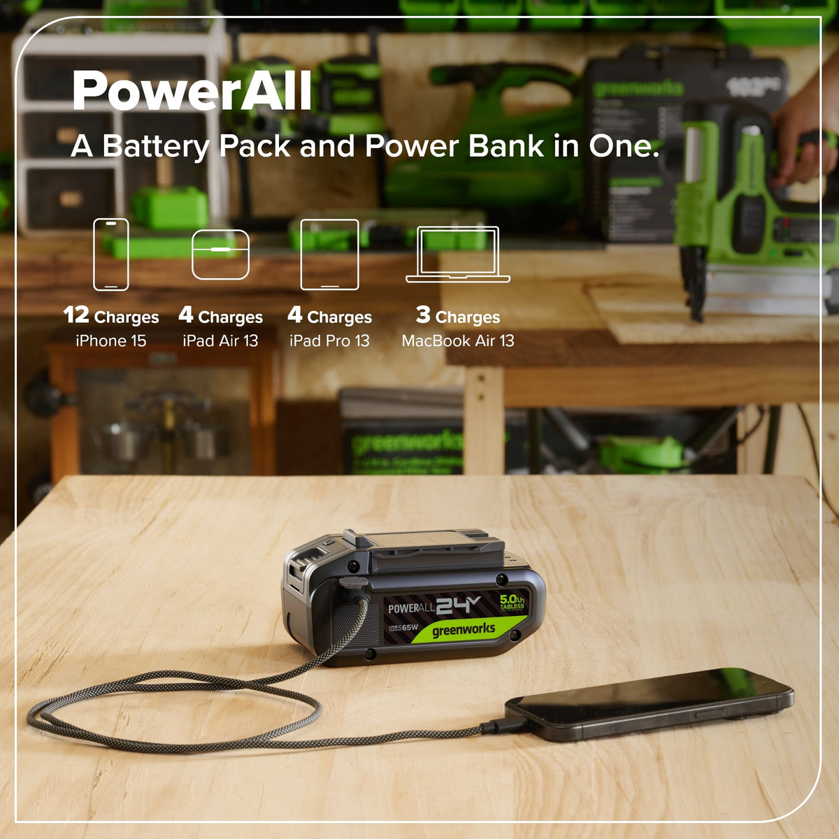 24V 5.0 Ah Tabless Battery with Bi-Directional USB-C Port
