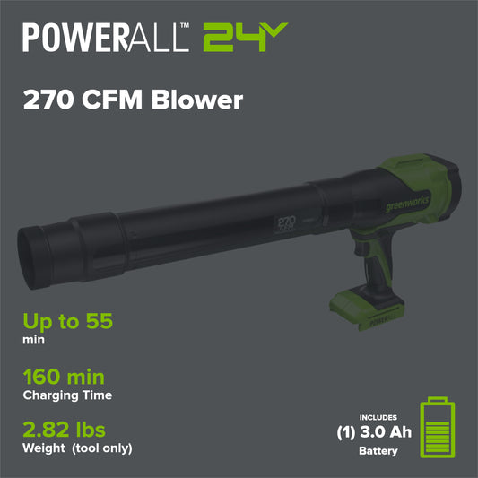 24V 270 CFM Cordless Battery Brushless Blower w/ 3.0Ah Battery & 30W Type-C Charger(3-Ft Cable)