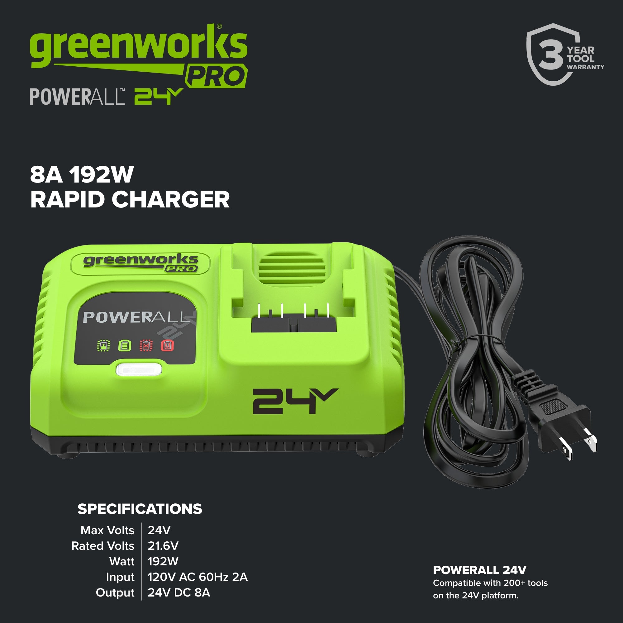 24V PowerAll Pro 200W Ultra Fast Battery Charger with Indicator Lights