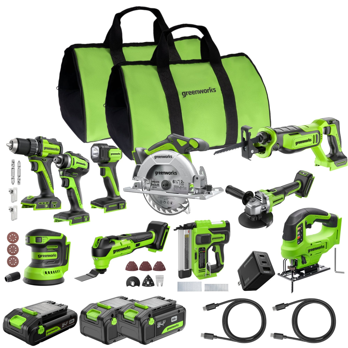 24V Cordless 400 in-lbs Drill/Driver Power Tool 10PC Combo Kit w/ (2) 4.0 Ah and (1) 2.0 Ah USB-C Batteries and Charger