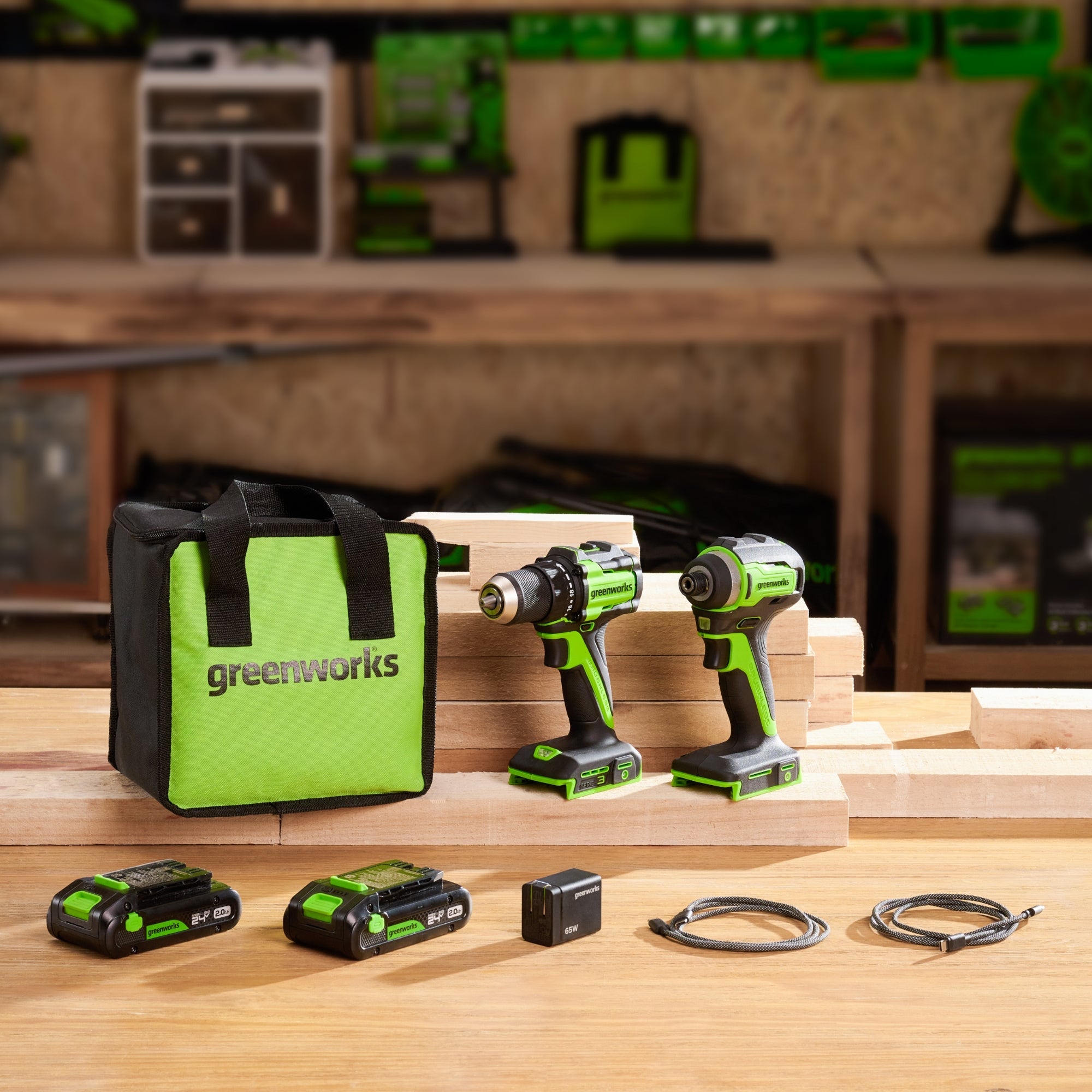 24V Cordless Battery 400 in-lbs Drill / Driver and 1950 in-lbs Impact Driver, Two(2) 2.0 Ah USB-C Batteries and 65W USB-C Fast Charger