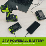 24V PowerAll 3/8" Drill and Impact Driver Combo Kit with (2) 2.0 Ah USB-C Batteries, 30W USB-C Charger Block, and 3' 100W USB-C Cable