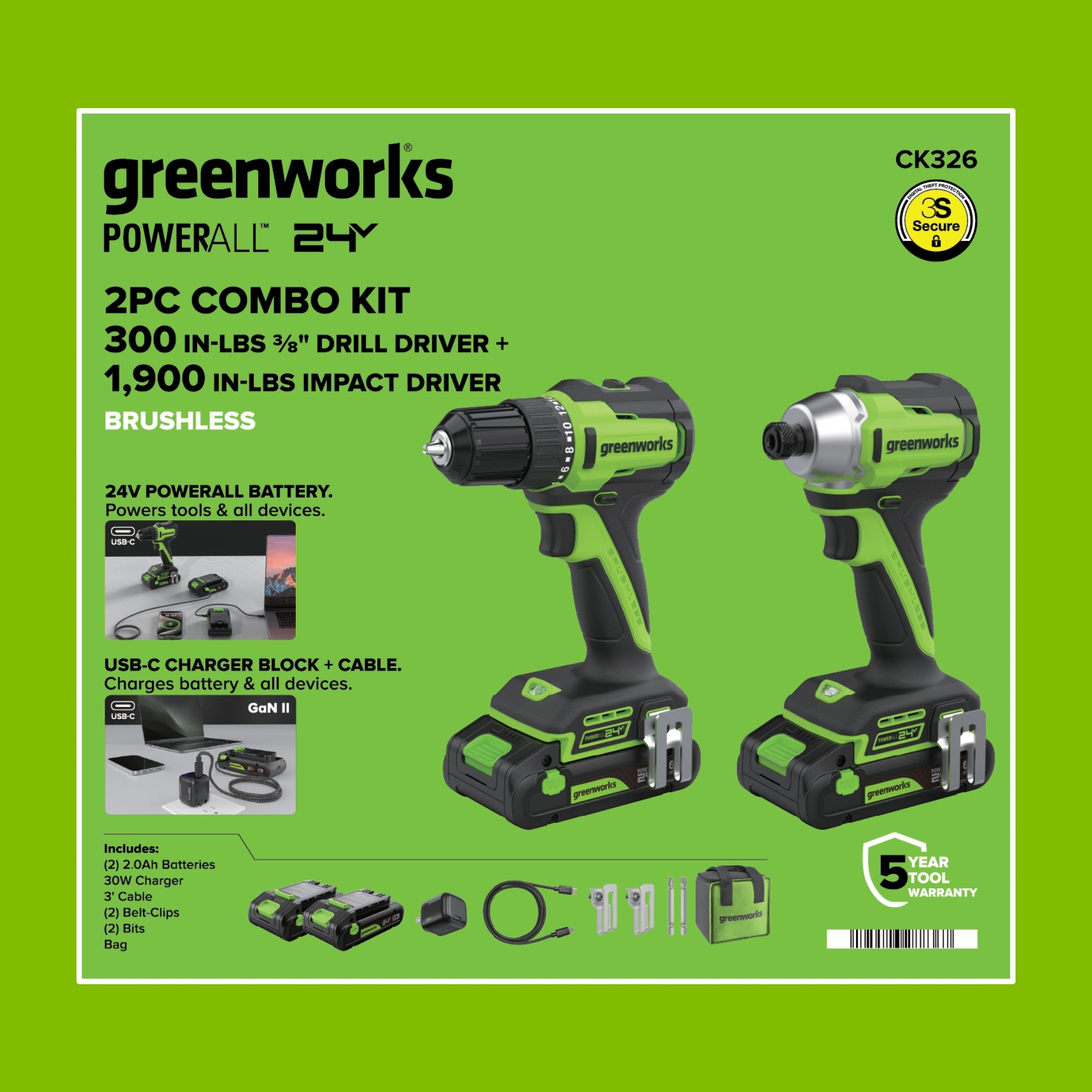 24V PowerAll 3/8" Drill and Impact Driver Combo Kit with (2) 2.0 Ah USB-C Batteries, 30W USB-C Charger Block, and 3' 100W USB-C Cable