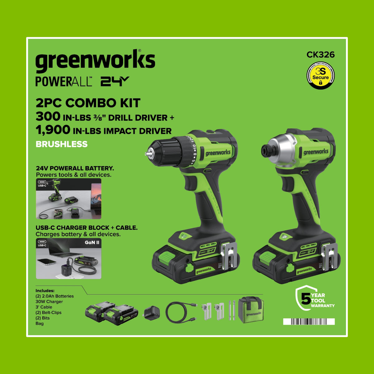 24V PowerAll 3/8" Drill and Impact Driver Combo Kit with (2) 2.0 Ah USB-C Batteries, 30W USB-C Charger Block, and 3' 100W USB-C Cable
