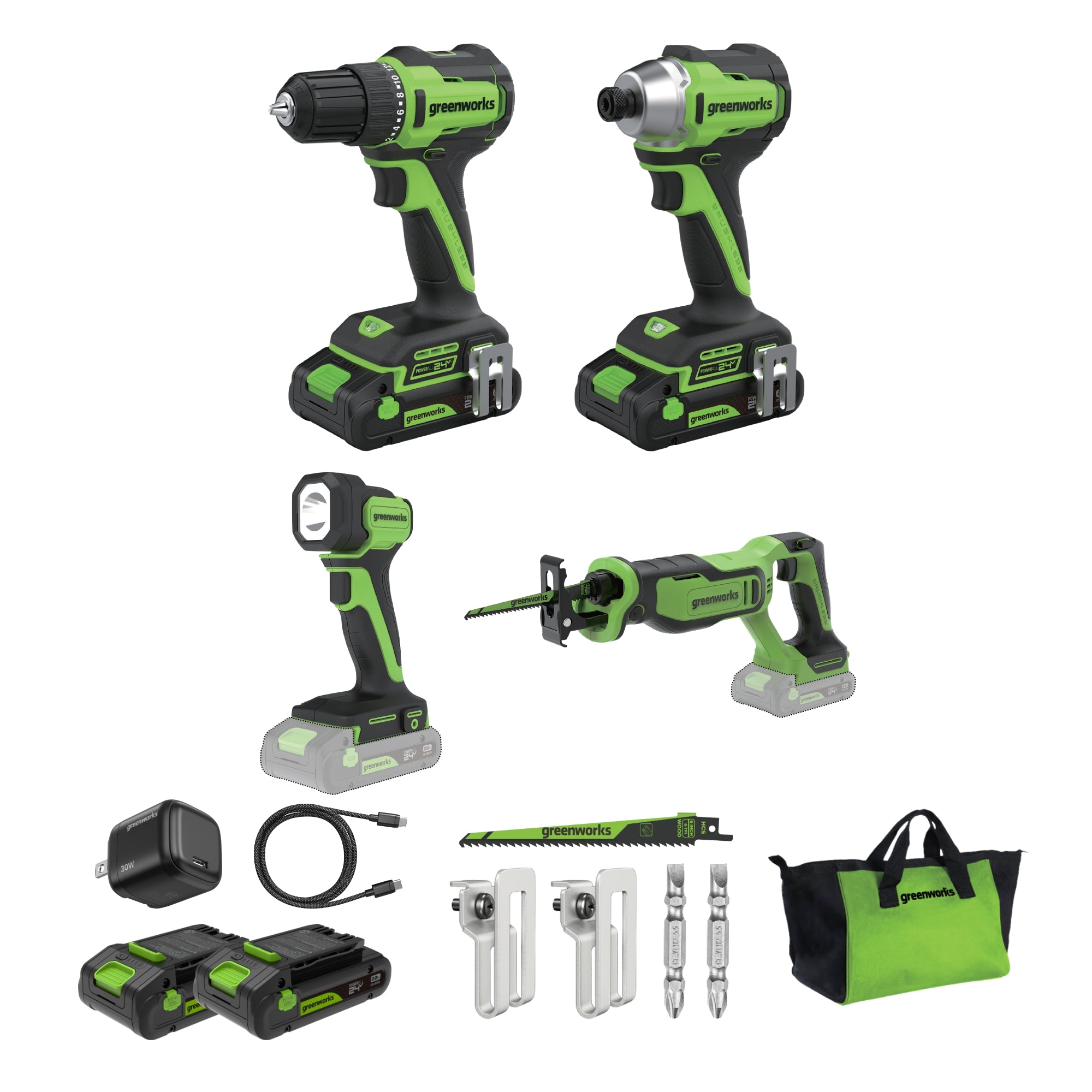 24V Cordless 280 in-lbs Drill/Driver Power Tool 4PC Combo Kit: (2) 2.0 Ah USB-C Batteries, 30W USB-C Charger Block, and 3' 100W USB-C Cable