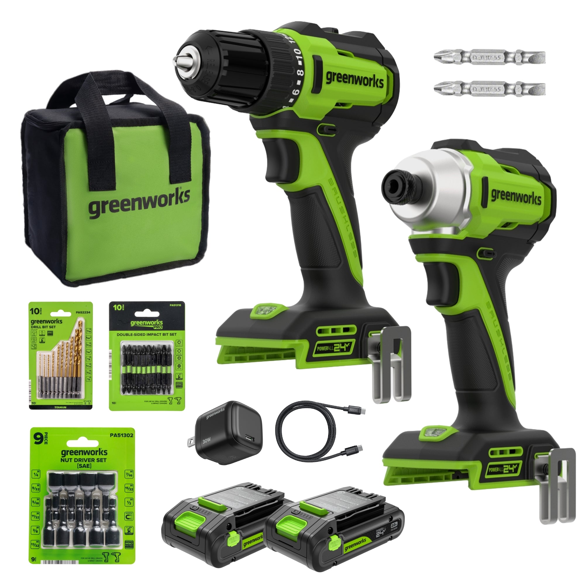 24V PowerAll 3/8" 300 in-lbs Drill and 1/4" 1900 in-lbs Brushless Impact Driver Combo Kit: (2) 2.0 Ah USB-C Batteries, (1) 30W USB-C Charger, (1) 3' 100W USB-C Cable and 33-piece Accessory Set