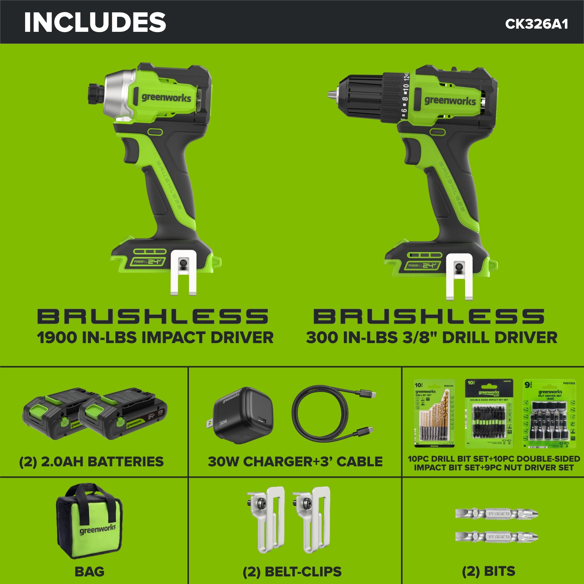 24V PowerAll 3/8" 300 in-lbs Drill and 1/4" 1900 in-lbs Brushless Impact Driver Combo Kit: (2) 2.0 Ah USB-C Batteries, (1) 30W USB-C Charger, (1) 3' 100W USB-C Cable and 33-piece Accessory Set