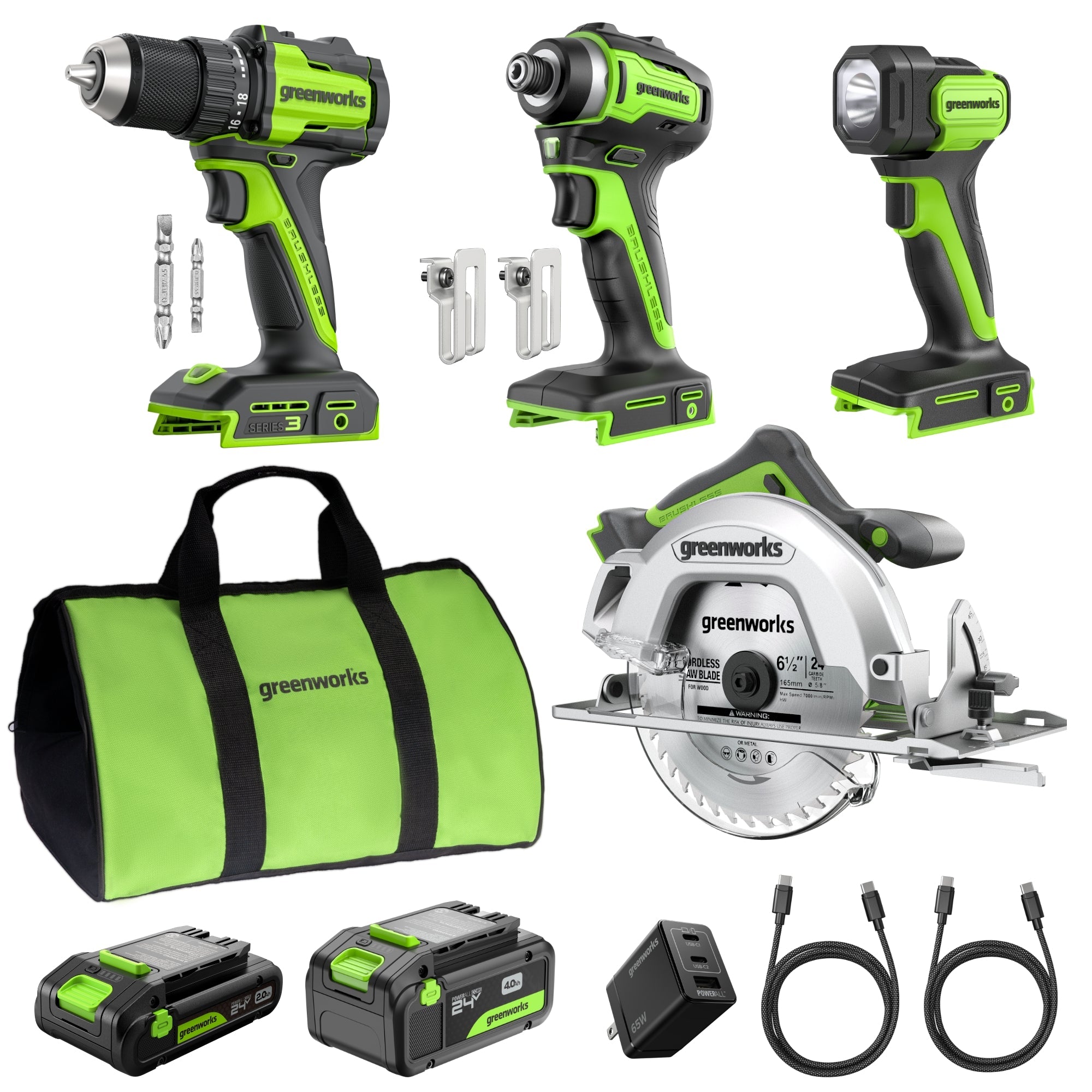24V Cordless 400 in-lbs Drill/Driver Power Tool 4PC Combo Kit: (1) 4.0 Ah and (1) 2.0 Ah USB-C Batteries and 65W USB-C Fast Charger