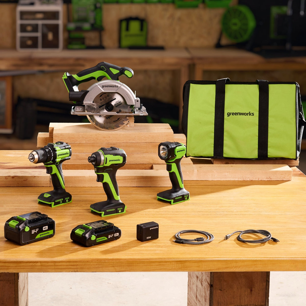 24V Cordless 400 in-lbs Drill/Driver Power Tool 4PC Combo Kit: (1) 4.0 Ah and (1) 2.0 Ah USB-C Batteries and 65W USB-C Fast Charger