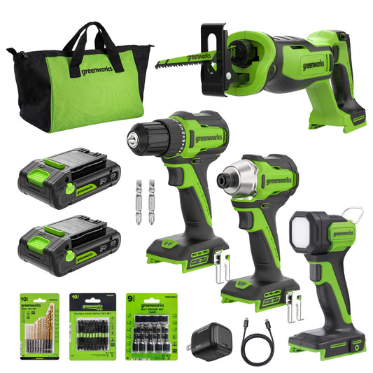 24V Cordless 280 in-lbs Drill/Driver 4PC Power Tool Combo Kit: (2) 2.0 Ah USB-C Batteries, (1) 30W USB-C Charger, (1) 3' 100W USB-C Cable and 34-Piece Accessory Sets
