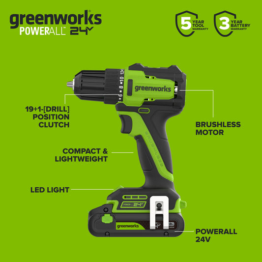 24V Cordless 280 in-lbs Drill/Driver 4PC Power Tool Combo Kit: (2) 2.0 Ah USB-C Batteries, (1) 30W USB-C Charger, (1) 3' 100W USB-C Cable and 34-Piece Accessory Sets