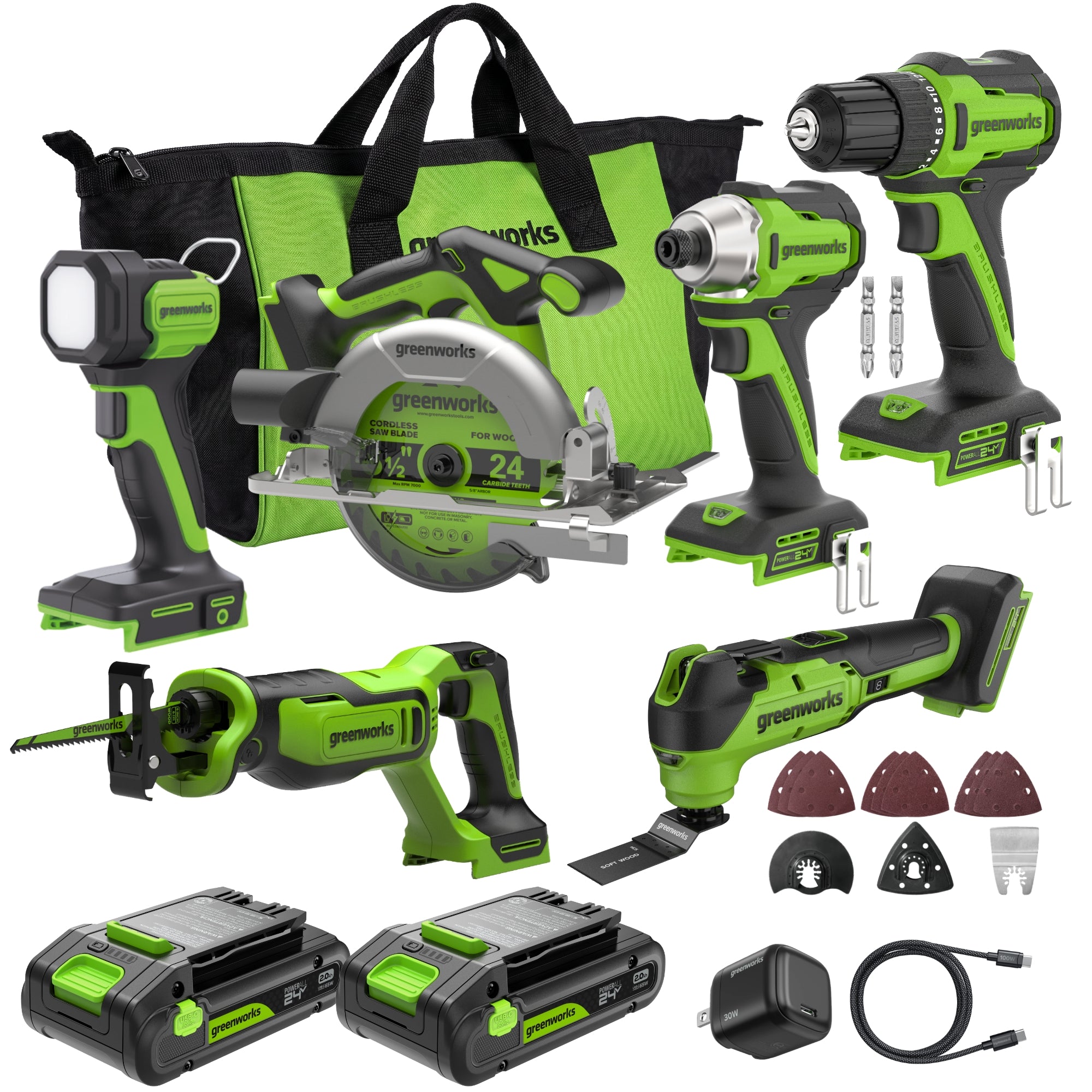 24V Cordless 280 in-lbs Drill/Driver Power Tool 6PC Combo Kit: (2) 2.0 Ah USB-C Batteries, 30W USB-C Charger Block, and 3' 100W USB-C Cable