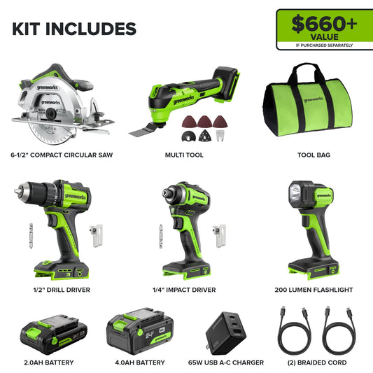 24V Cordless 400 in-lbs Drill/Driver Power Tool 5PC Combo Kit, (1) 4.0 Ah and (1) 2.0 Ah USB-C Batteries and Charger