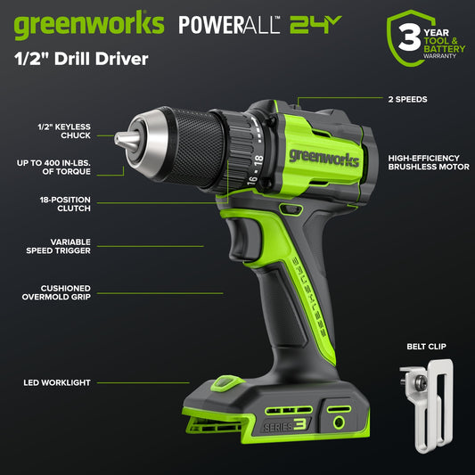24V Cordless 400 in-lbs Drill/Driver Power Tool 5PC Combo Kit, (1) 4.0 Ah and (1) 2.0 Ah USB-C Batteries and Charger
