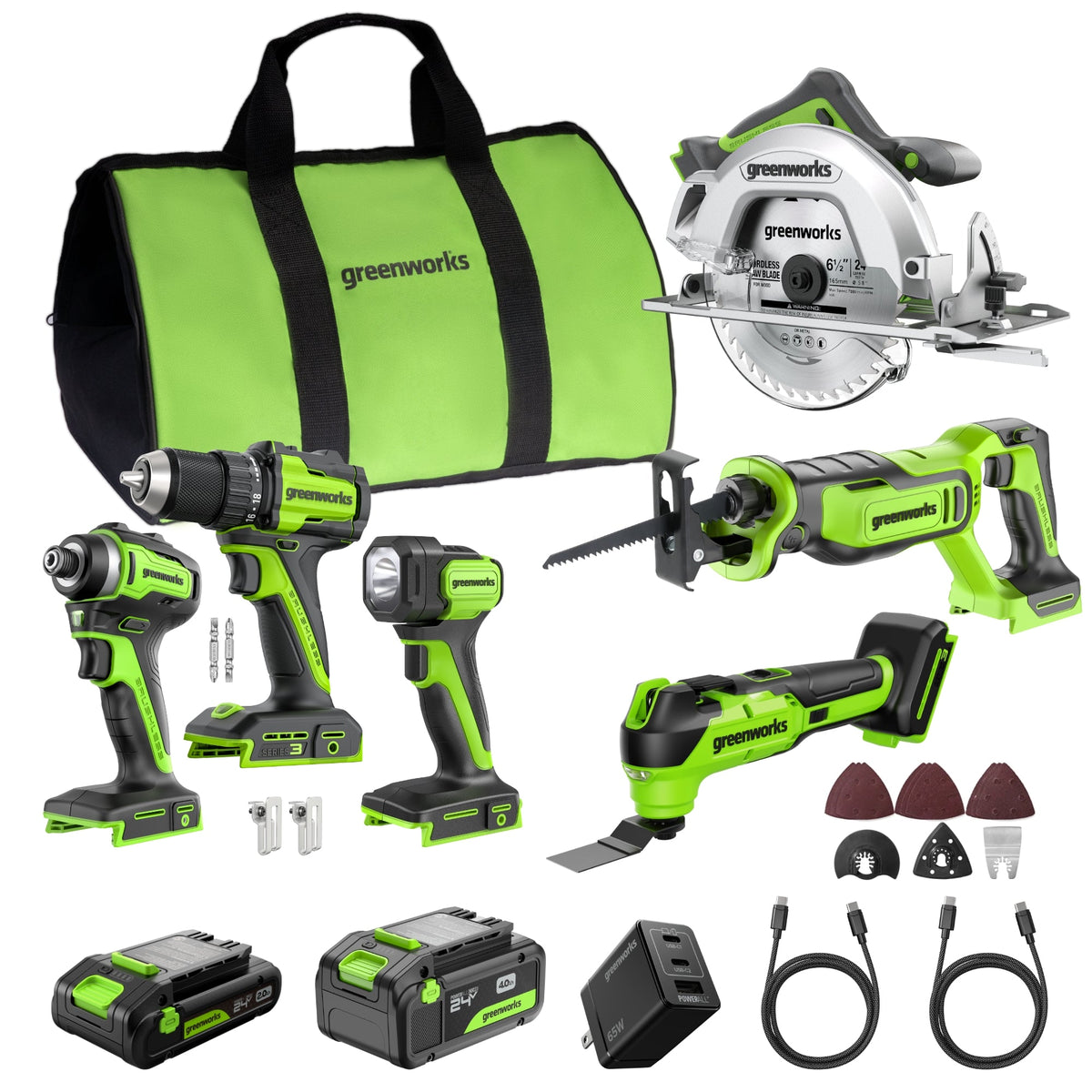 24V Cordless 400 in-lbs Drill/Driver Power Tool 6PC Combo Kit w/ (1) 4.0Ah & (1) 2.0Ah USB-C Batteries and Charger