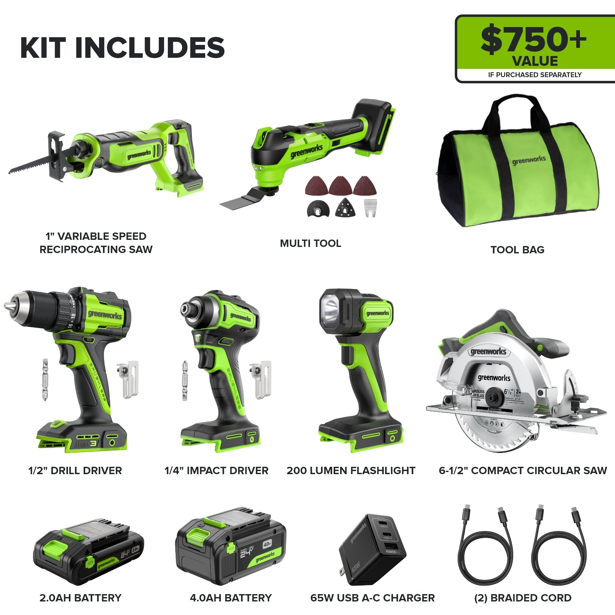 24V Cordless 400 in-lbs Drill/Driver Power Tool 6PC Combo Kit w/ (1) 4.0Ah & (1) 2.0Ah USB-C Batteries and Charger
