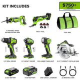 24V Cordless 400 in-lbs Drill/Driver Power Tool 6PC Combo Kit w/ (1) 4.0Ah & (1) 2.0Ah USB-C Batteries and Charger