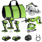 24V Brushless Power Tool 6PC Combo Kit: (2) 2.0 Ah USB-C Batteries and 30W Charger
