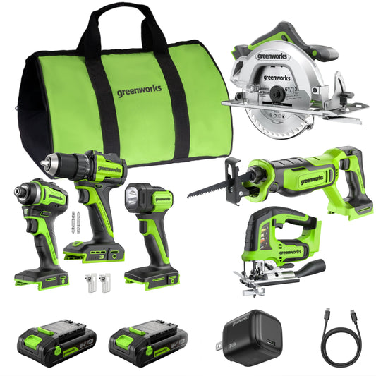24V Brushless Power Tool 6PC Combo Kit: (2) 2.0 Ah USB-C Batteries and 30W Charger